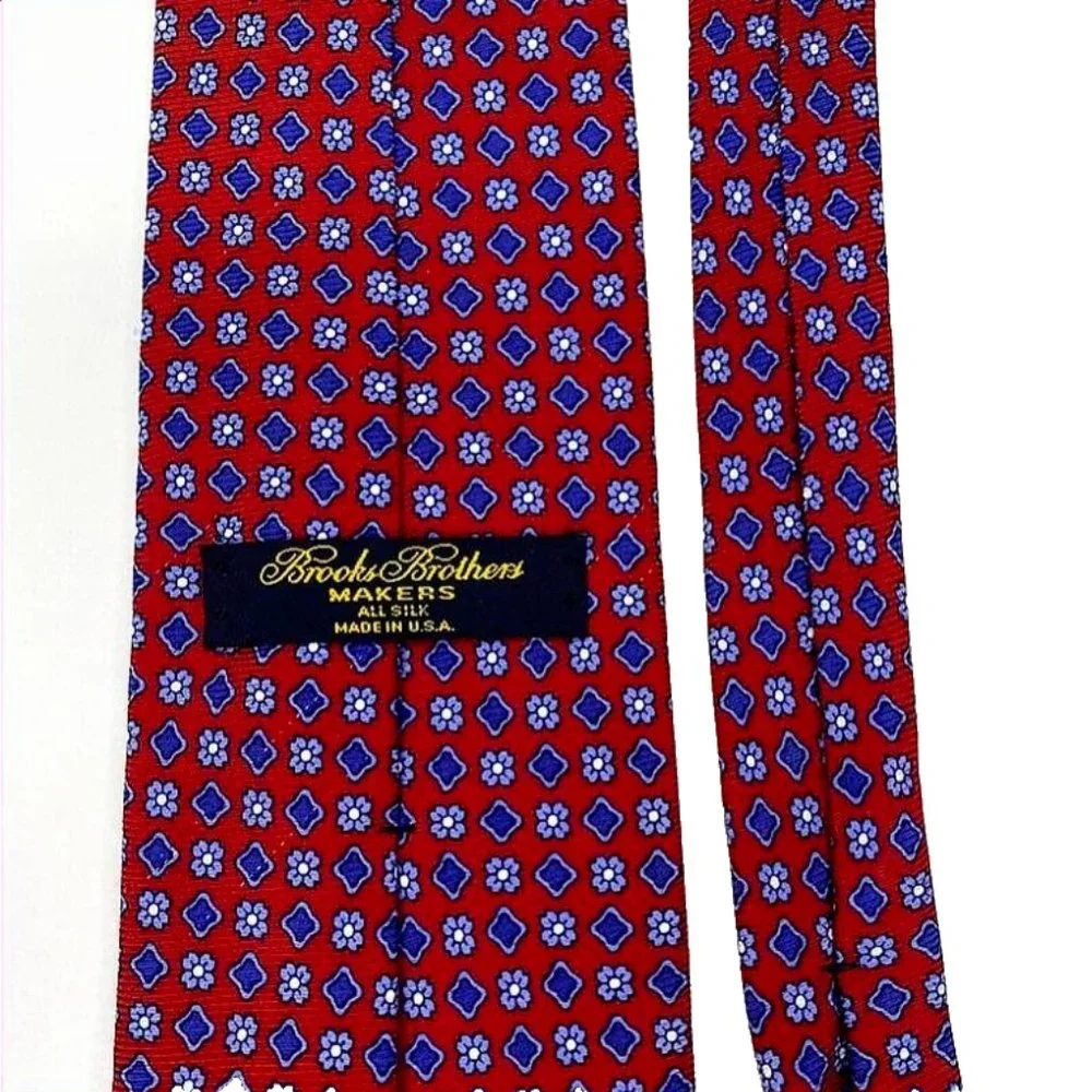 VTG Brooks Brothers Makers All Silk Tie Made in USA Red Blue Diamond Floral Mens